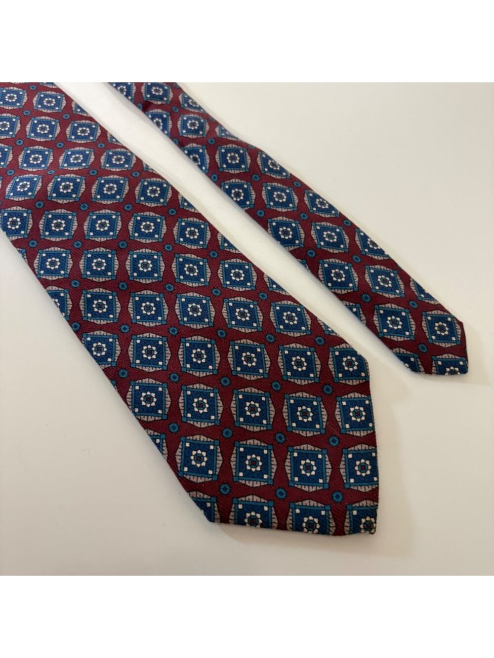 Robert Talbott Hand Sewn Silk Tie Maroon Blue Geometric Mens Necktie Office Vtg
